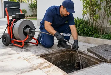 Profissionais realizando desentupimento de esgotos em Itatiba.