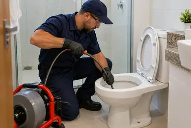Técnico desentupindo vaso sanitário com ferramentas apropriadas em Itatiba.