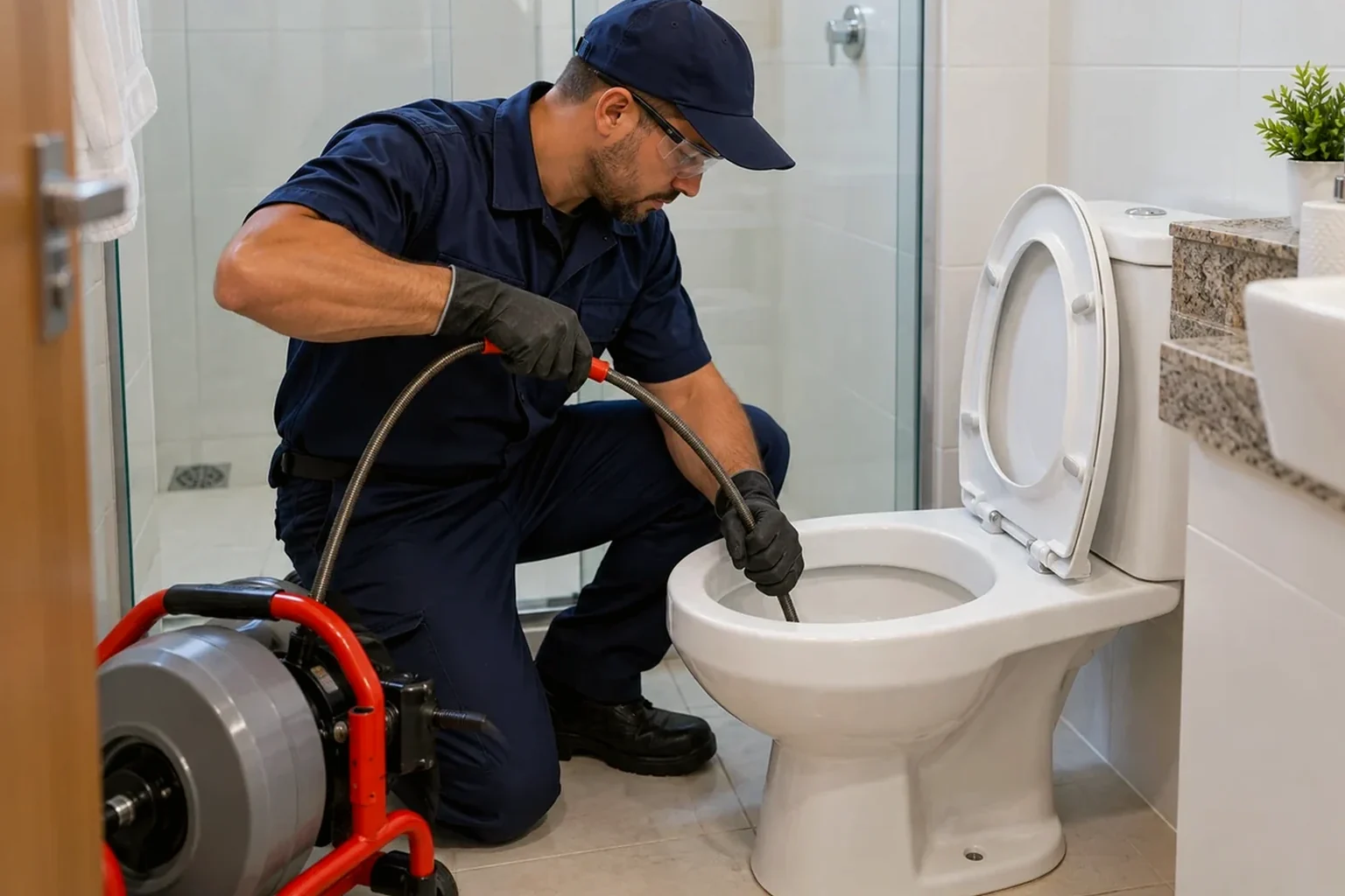 Técnico desentupindo vaso sanitário com ferramentas apropriadas em Itatiba.