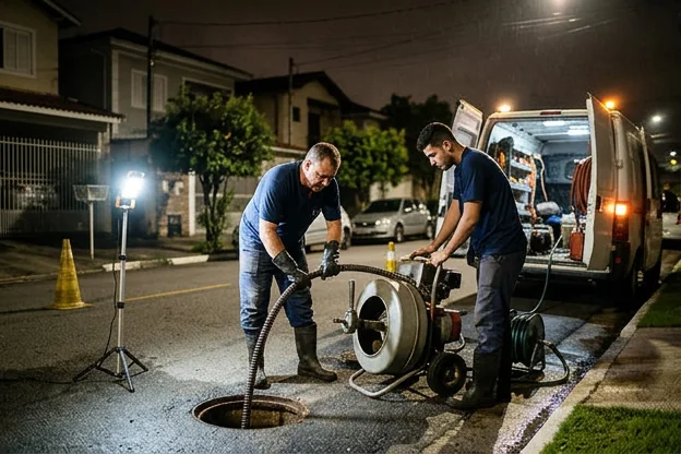 Técnicos atendendo um chamado de emergência para desentupimento em Itatiba.