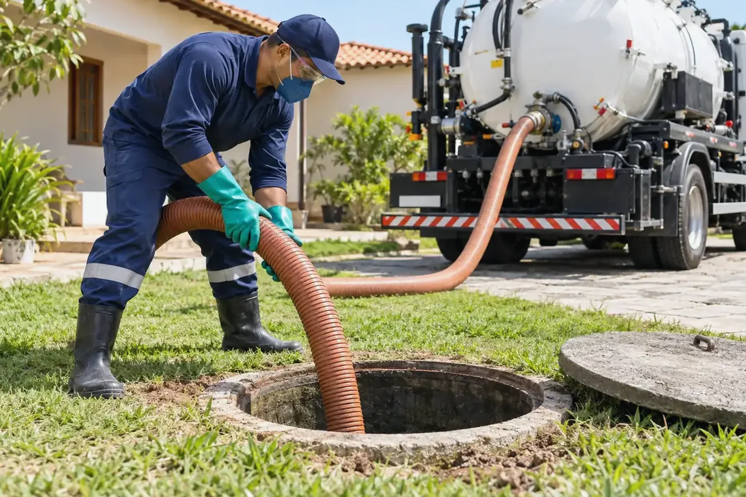 Técnicos realizando a limpeza de fossa séptica em Itatiba.