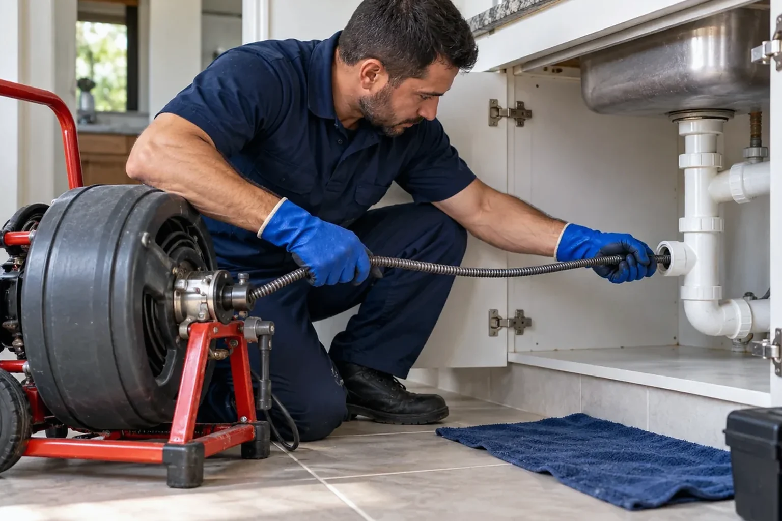 Técnicos trabalhando no desentupimento de tubulações em Itatiba.